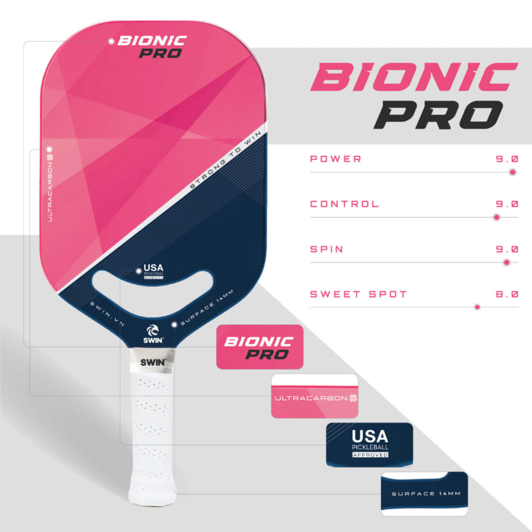 Vợt Pickleball Swin Bionic – Chất Liệu UltraCarbon Cao Cấp (Màu Hồng)